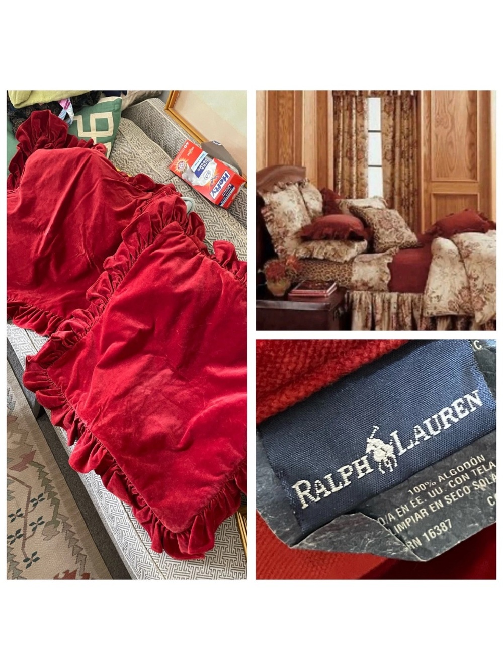 Vtg Ralph Lauren Pair Euro Shams Red Velvet Ruffle Aragon Guinevere